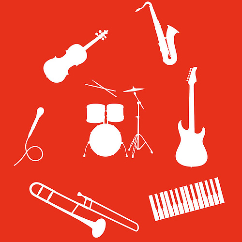 Weiße Silhouetten verschiedener Musikinstrumente auf rotem Hintergrund, Symbolbild für Instrumentenkarussell
