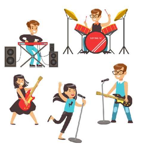 Comicstrip-artiges Bild einer Kinderband mit Keyboarder, E-Gitarristin, Sängerin, Bassist und Schlagzeuger