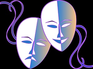 Grafik der zwei klassischen Theatermasken "lachen" und "weinen" in Weiß und lichten Blautönen vor schwarzem Hintergrund