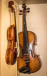 Eine Violine und eine Viola in einer Instrumentenvitrine